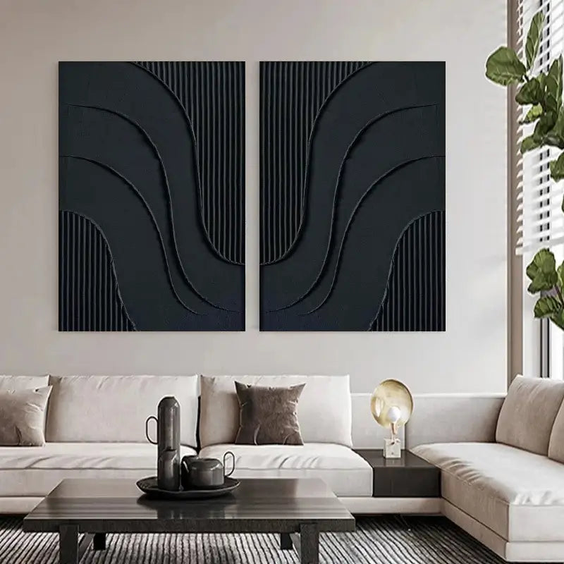 Black Plaster Art Minimalist Textured Paintings Set of 2 #MZ027