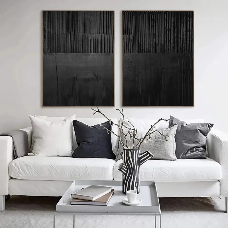 Black Minimalist Textured Painting Canvas Set of 2 #MZ028