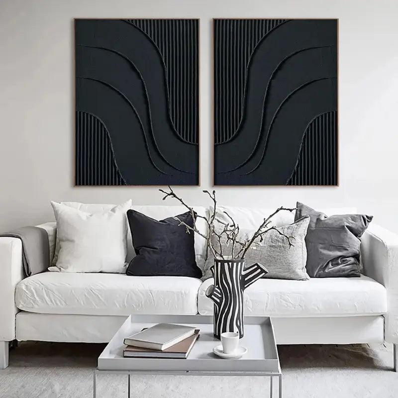 Black Plaster Art Minimalist Textured Paintings Set of 2 #MZ027