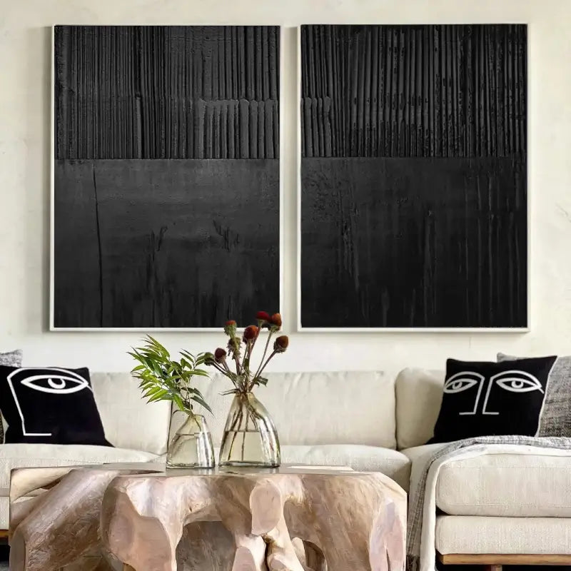 Black Minimalist Textured Painting Canvas Set of 2 #MZ028