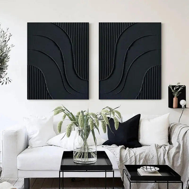 Black Plaster Art Minimalist Textured Paintings Set of 2 #MZ027