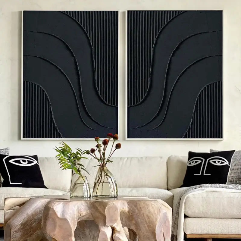 Black Plaster Art Minimalist Textured Paintings Set of 2 #MZ027