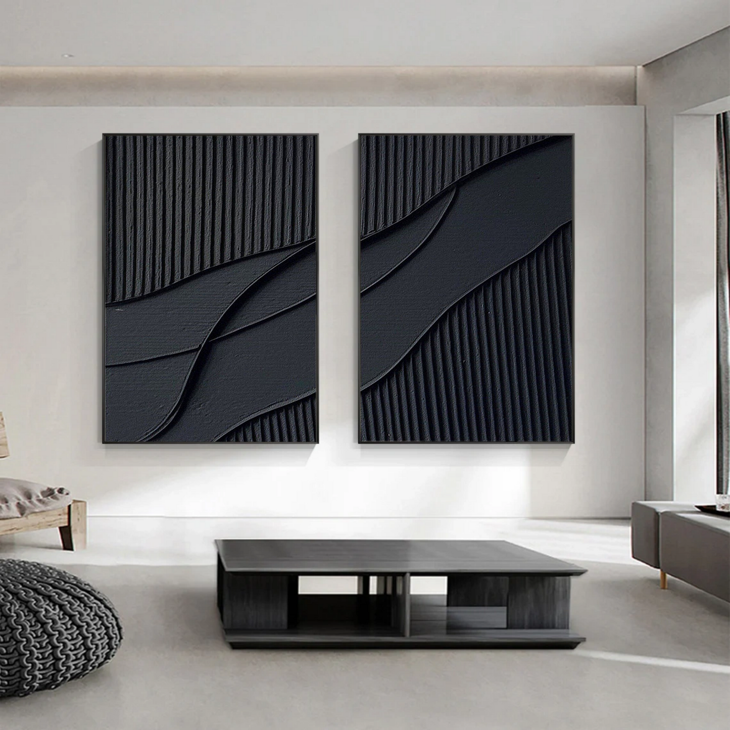 Black Plaster Art Minimalist Textured Paintings Set of 2 #MZ043