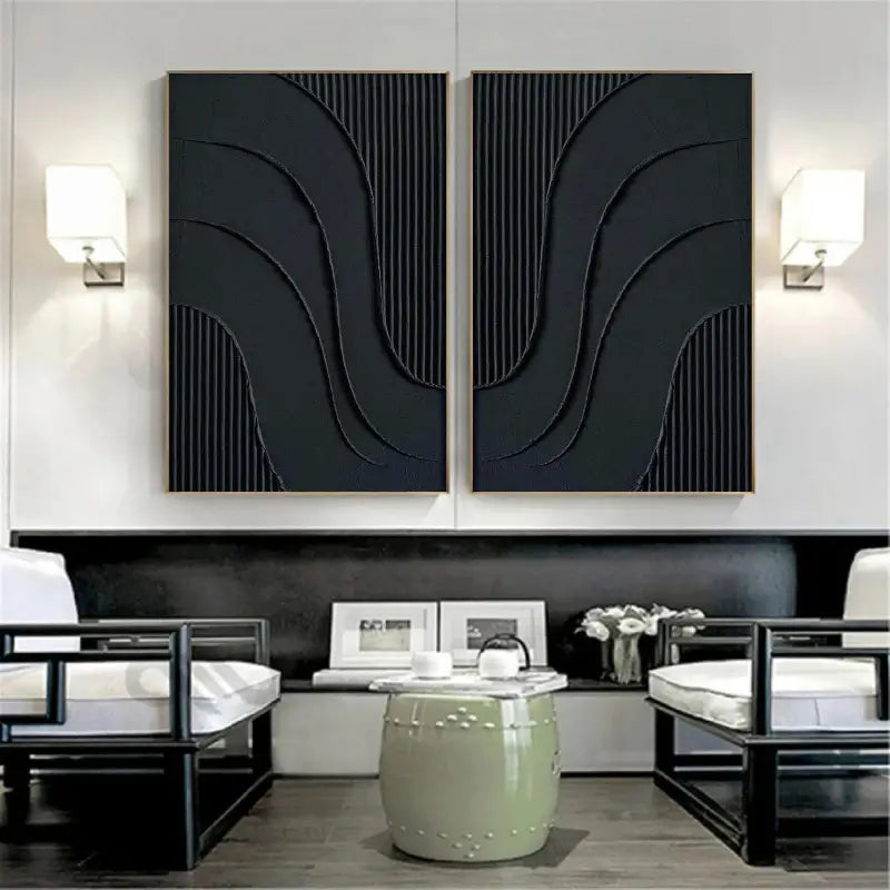 Black Plaster Art Minimalist Textured Paintings Set of 2 #MZ027