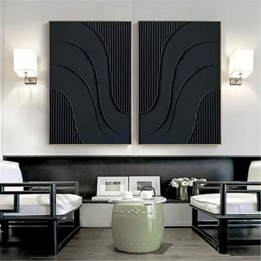 Black Plaster Art Minimalist Textured Paintings Set of 2 #MZ027