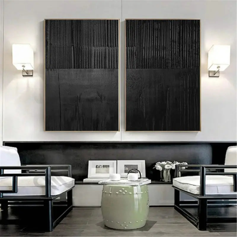 Black Minimalist Textured Painting Canvas Set of 2 #MZ028
