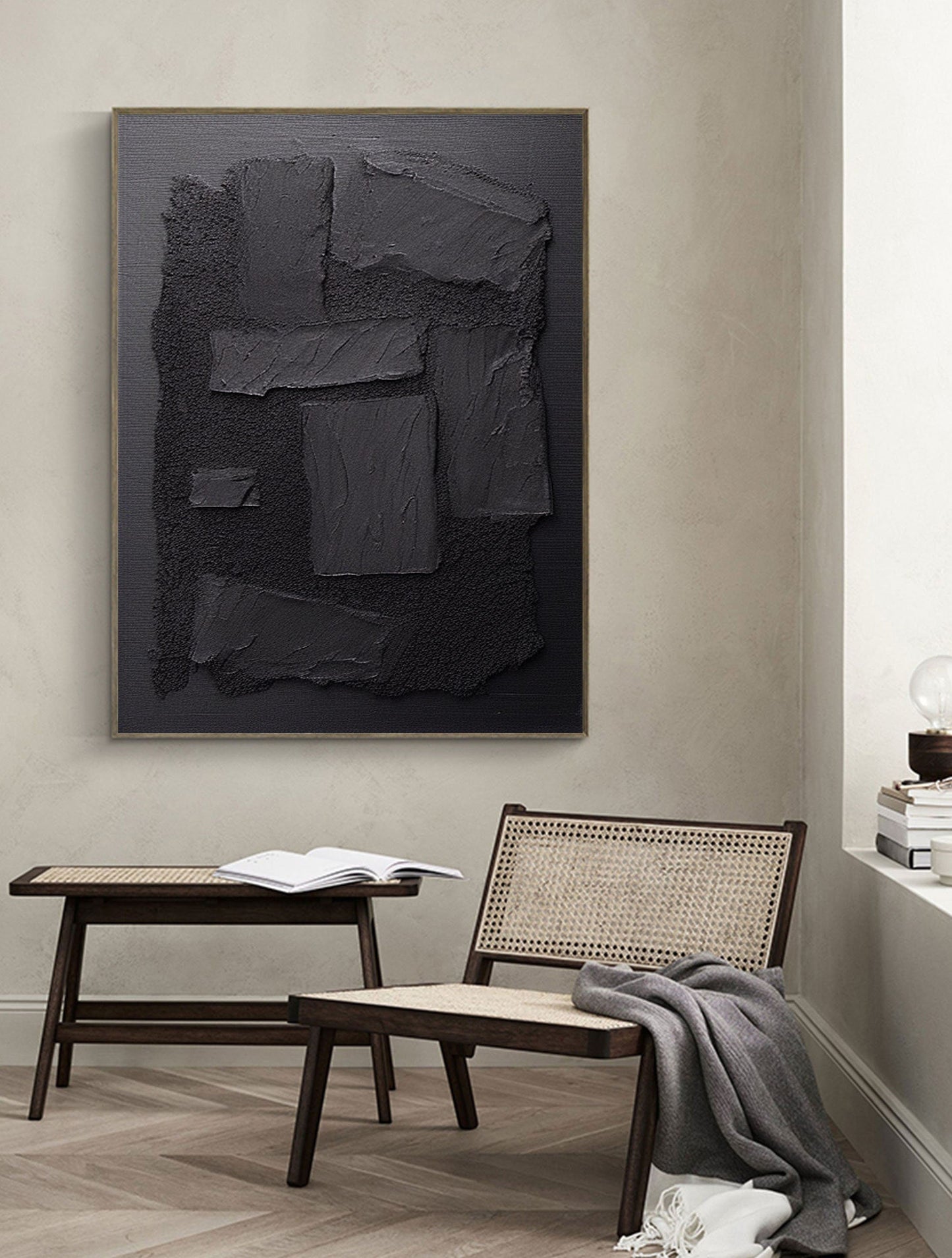 Black Plaster Art Minimalist Textured Painting #MZ033